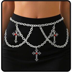 Women’s Gothic Cross Waist Chain | Layered Silver Body Chain Belt